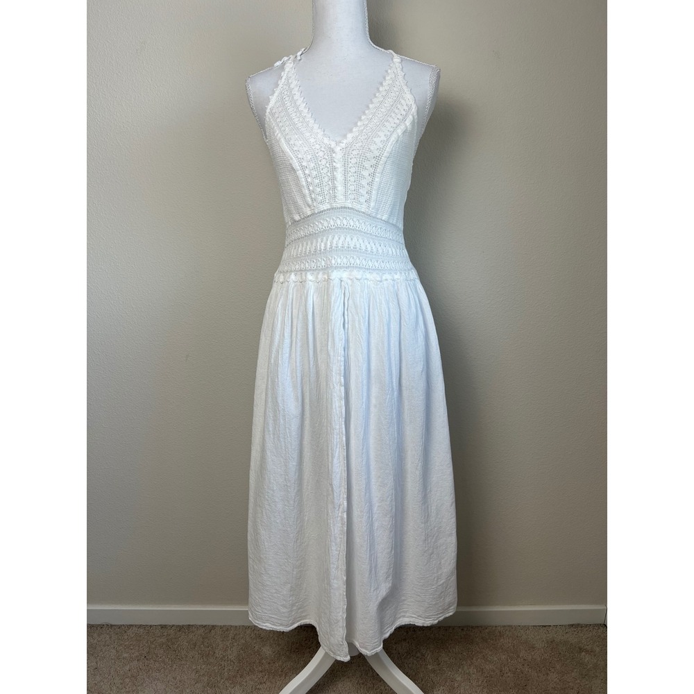 Seaspice White Crochet Lace Halter‎ Midi Dress Boho Resort Peruvian Cotton Sz S